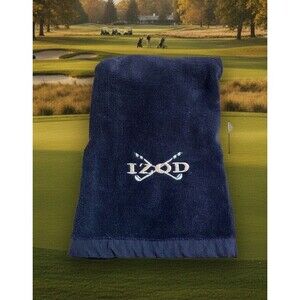 IZOD Golf Towel Navy Blue Embroidered Clubs 100% Cotton Vintage Clip Grommet
